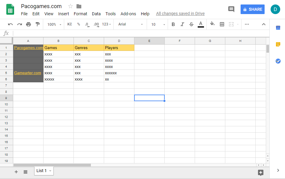 Google docs excel screen